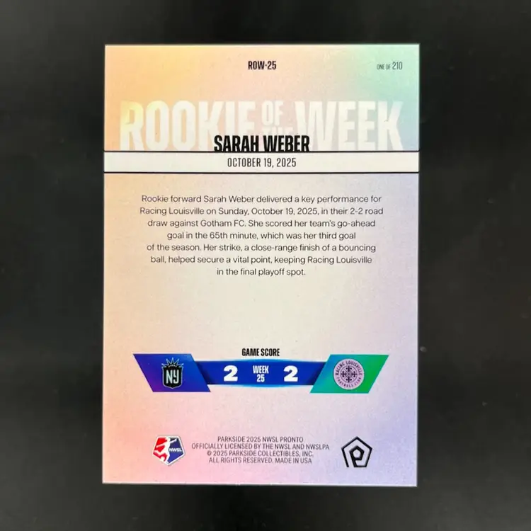 Sarah Weber 2025 NWSL Parkside Pronto Rookie Of The Week Subscriber Exclusive /210 Soccer Card #ROW25