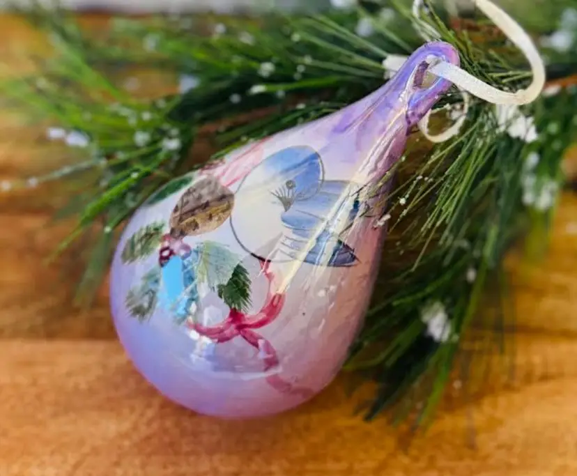 #01 - Vintage Blown Glass Hand Painted Purple Bird Christmas Ornament 4.5" Tall X 3" W