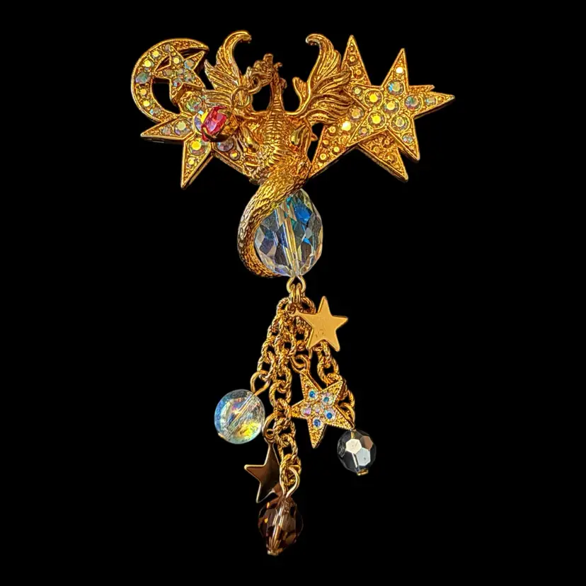 Kirkβs Folly Dragon Moon & Star Dangle AB Rhinestone Brooch 3.5β