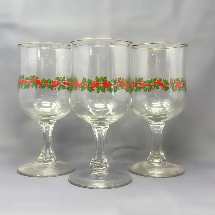 Libbey Holly Berry Goblets Set of 3, Vintage 1980s Christmas Glasses Gold Rim, Holiday Barware USA