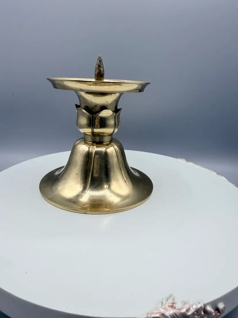Vintage Solid Brass Lotus Flower Pillar Candlestick Holder