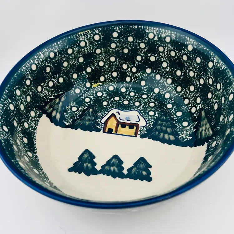 Vintage Unikat Polish Pottery Blue Rose Winter Forest Bowl 3.5”x 9”