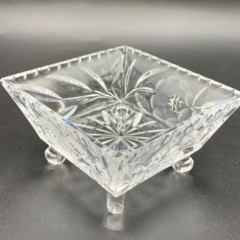 #1 - Vintage Cut & Etched Crystal Square Footed Dish Mid Century