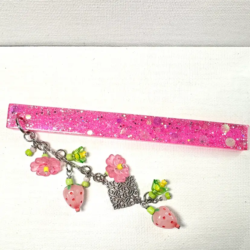Pink And Green Strawberry Floral Resin Beaded Bookmark Made By Me 5.5”L