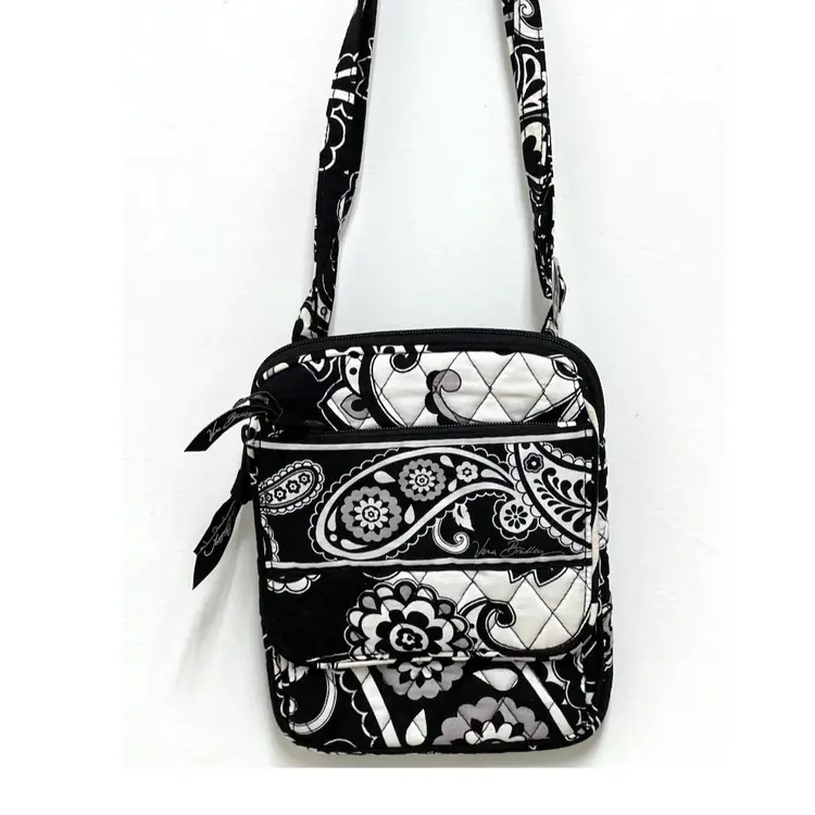 Vera Bradley Mini Crossbody Bag Black & White Midnight Paisley Noir 2015 Adjustable Strap 6x8 in