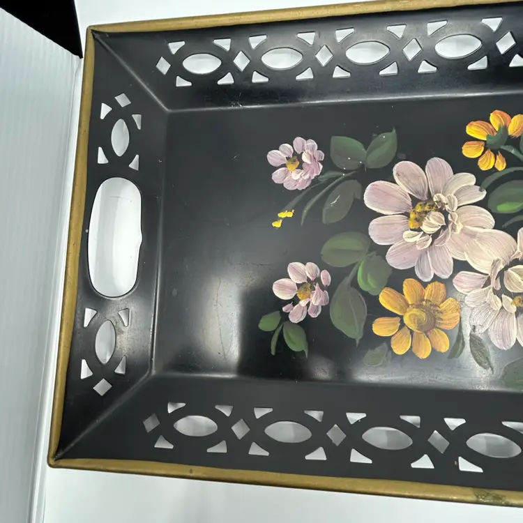 Vintage Long Toleware Metal Serving Tray Cutwork Edge HandPainted Florals Nascho NY