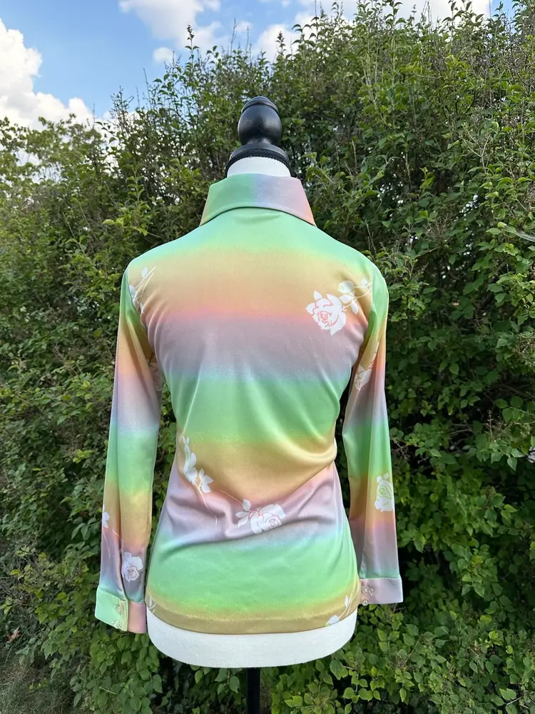 70s Pastel Rainbow Ombré Vintage Dagger Collar Blouse Women’s, XS