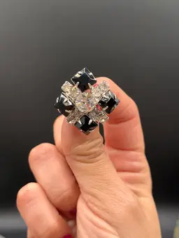 Vintage Black & Clear Rhinestone Prong Set Silver Tone Metal Square Brooch 1”