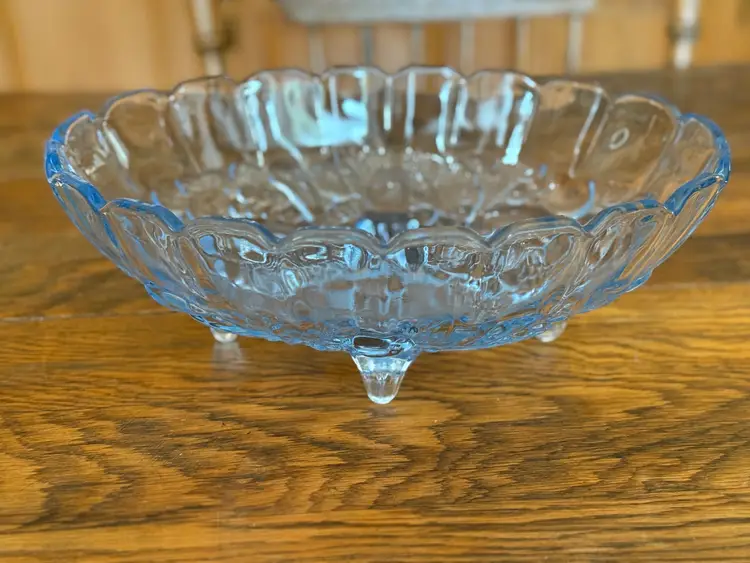 Vintage Indiana Glass “Harvest” Blue Pressed Glass Footed Bowl, 12x8 Oval Centerpiece, Grapes & Leaves Pattern