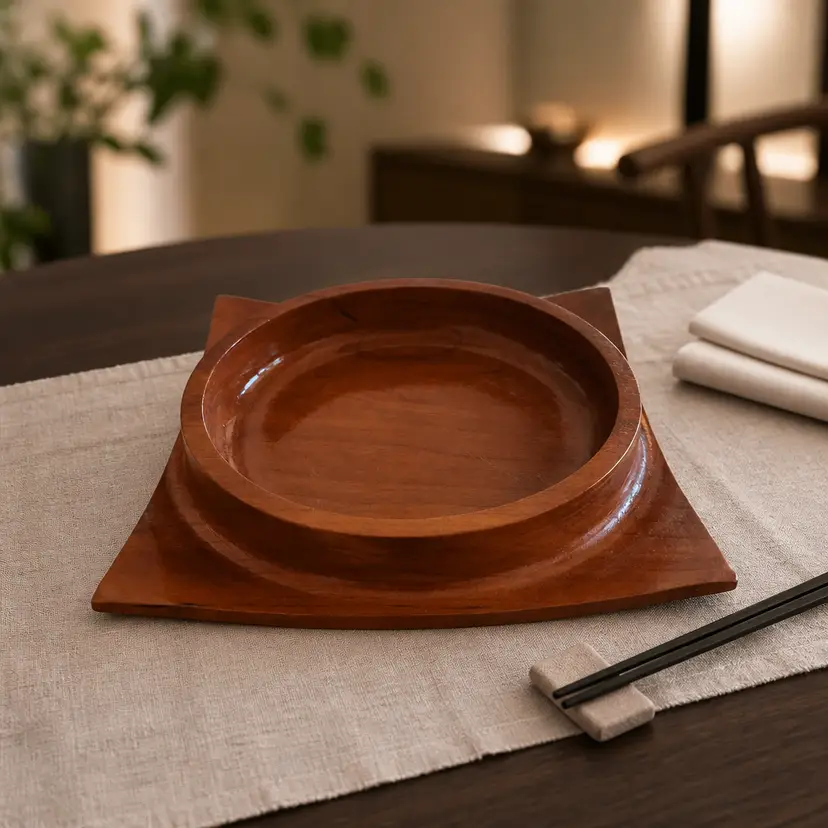 Vtg Teak Wood Bowl w/ Upturned Square Base & Circular Serving Area, 9"x9"