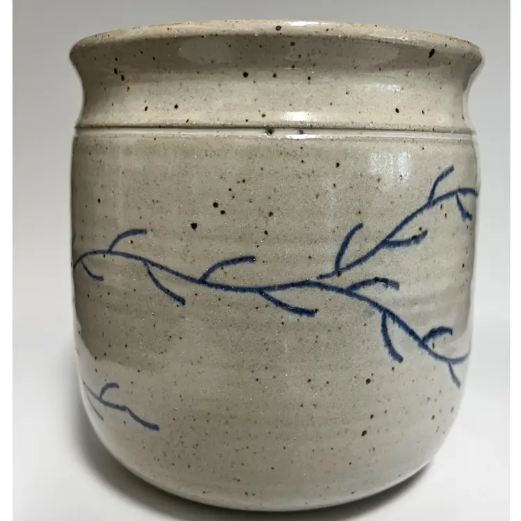 Studio Pottery- Stoneware Crock, 5.5” x 5.5”, Hand-Thrown & Signed Pamela- Blue Vine Design