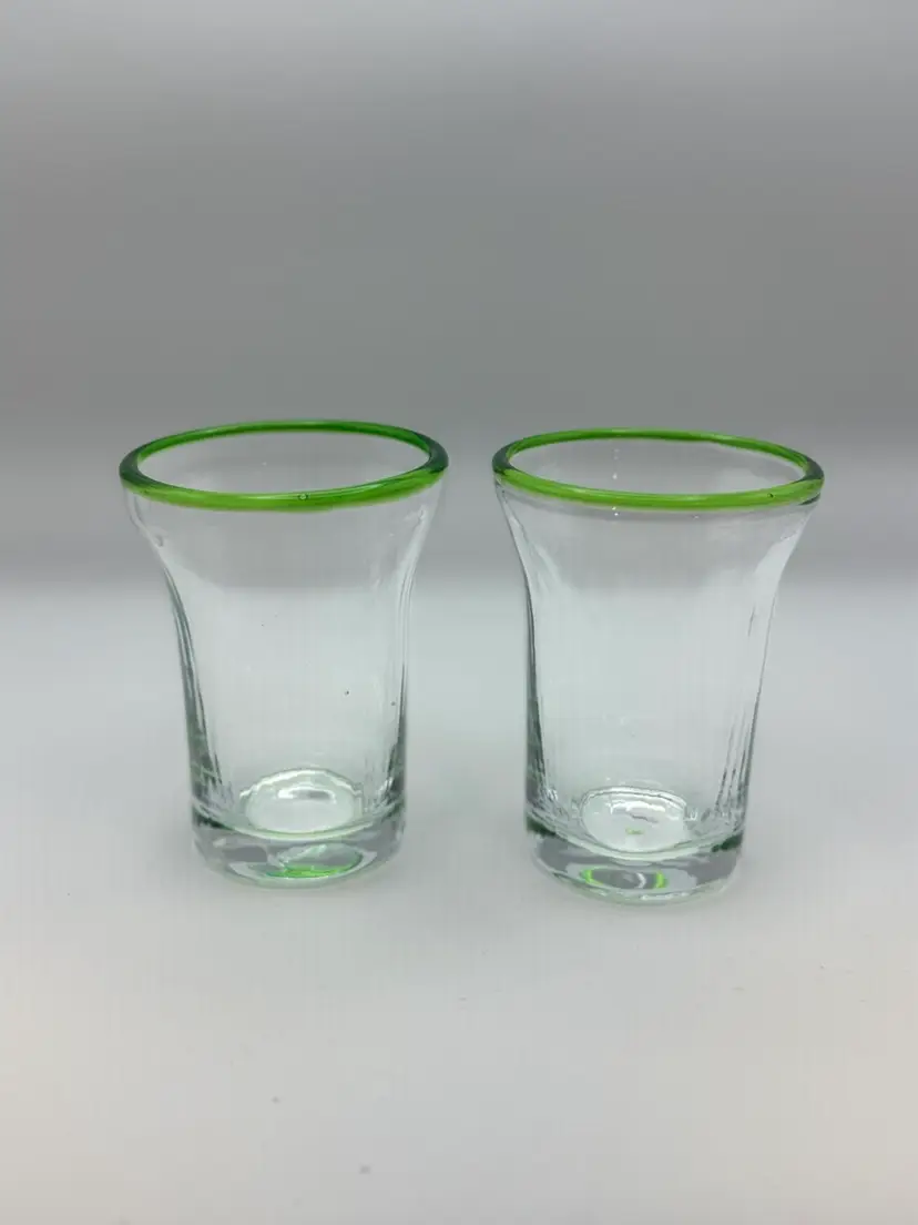 Pair of 2 Handblown Juice Glasses/Tumblers Green Rim 4”