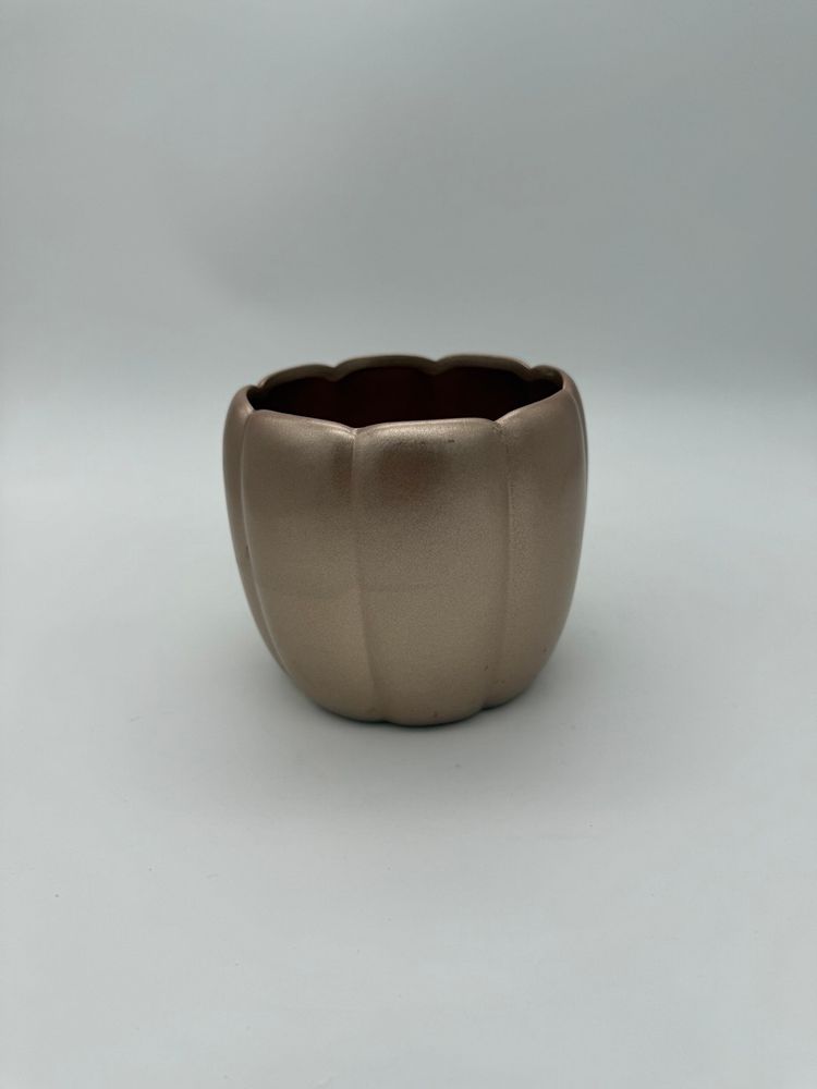 Decorative Fall Harvest Pumpkin-Shaped Planter Ceramic Metallic Rose Gold 5.5” T