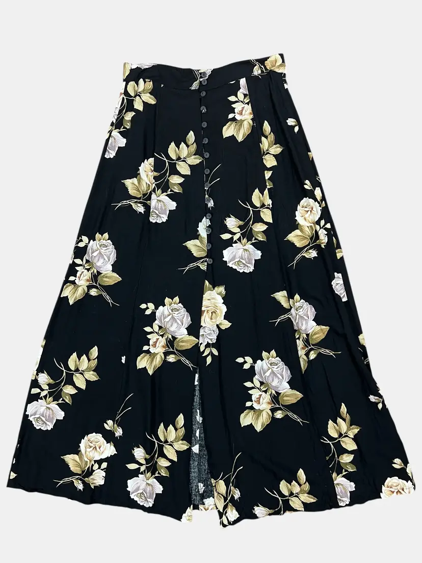 Vintage Express Floral Midi Skirt Rayon Button Front Black Rose XS 4