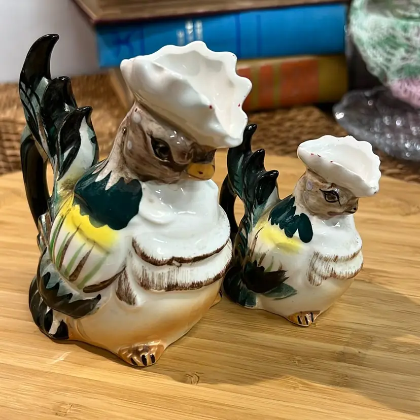 Two Vintage ceramic rooster figurines/mini Pitchers. Japan.