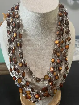 Facetted Crystal & Brown Fire Agate 5 Strand Necklace