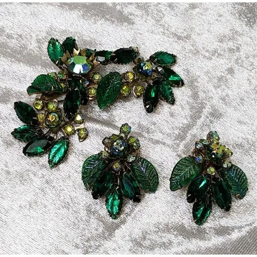 Vintage Judy Lee Green Leaf Rhinestone Brooch and Earring Set
