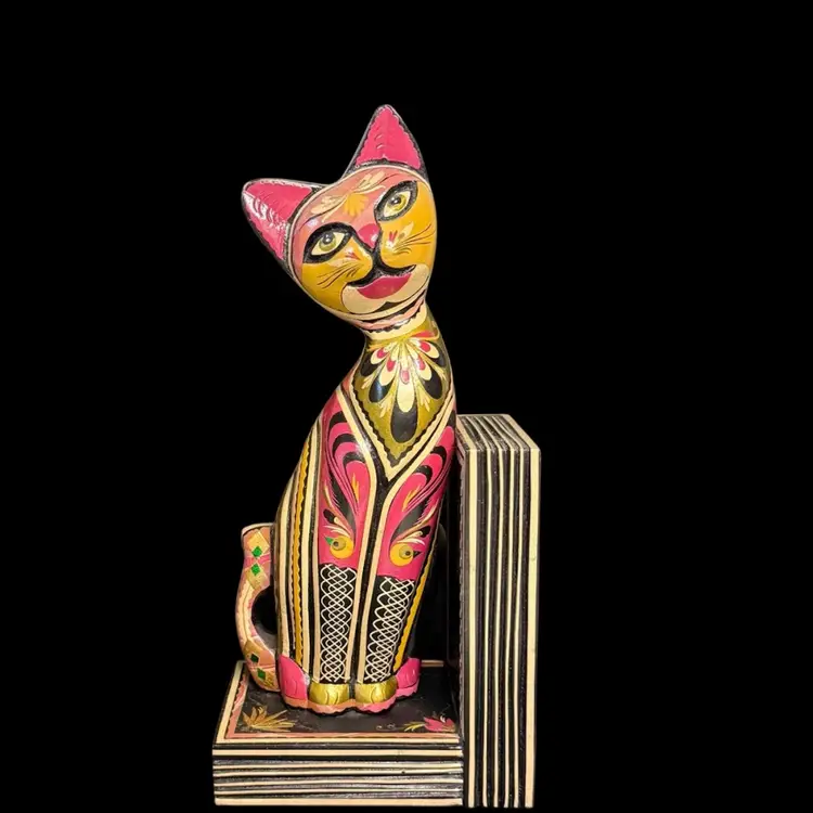 Sitting Cat Bookend Hand Painted Wood Rose & Black Gold Accents & Birds
11-1/4” T x 5-1/4” L x 3-1/2” W