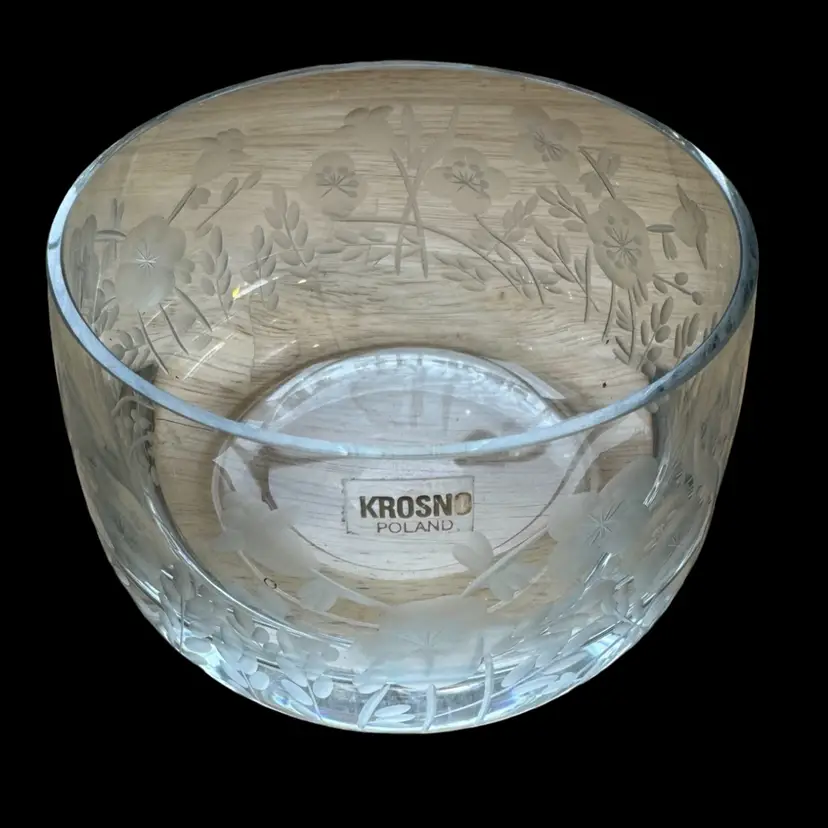Crystal Clear Krosno Poland Bowl Dish Etched Flowers