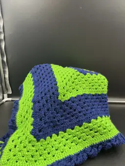Bold green and blue baby afghan, granny square, 30x30