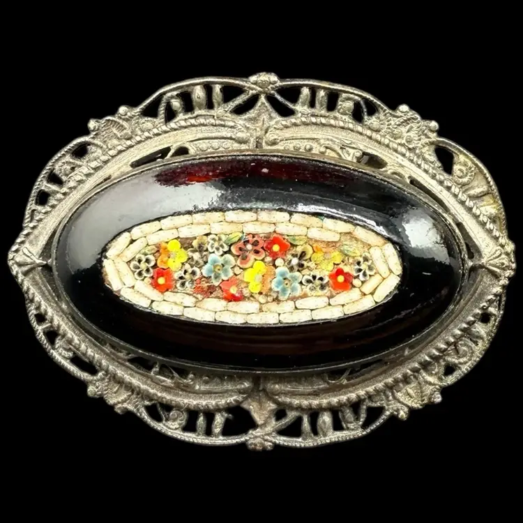 Micro Mosaic Florals Embedded In Black Glass Brooch 1.75”