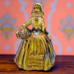 Vtg Wheaten Iridescent Yellow Carnival Colonial Lady with Basket Glass Figurine