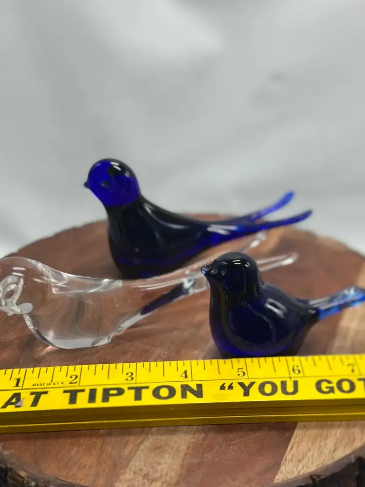 Vintage Glass Long Tail Cobalt Blue And Clear Lot Of 3 Bird Paperweight