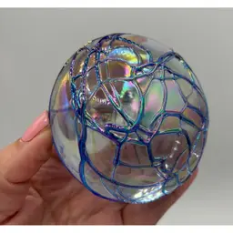 Vintage Signed Susan Anton Iridescent Blue Threaded Art Glass Paperweight