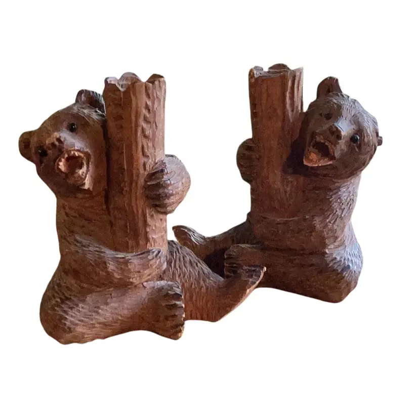 Pair Of Unique Vintage Hand Carved Wooden Bear Candlesticks Chalet Minerva Chalet Suisse Egger & Brugger