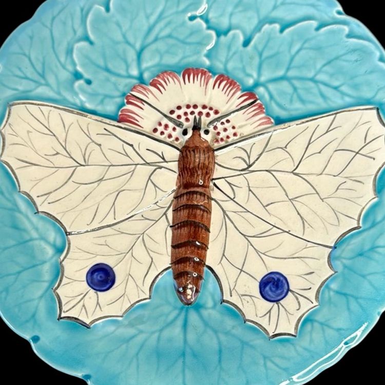 Two Antique 7-1/4” Majolica Ceramic Plates by Schutz Cilli Art Nouveau Design Turquoise With Ivory/Brown /Blue Moth/Butterfly 
READ