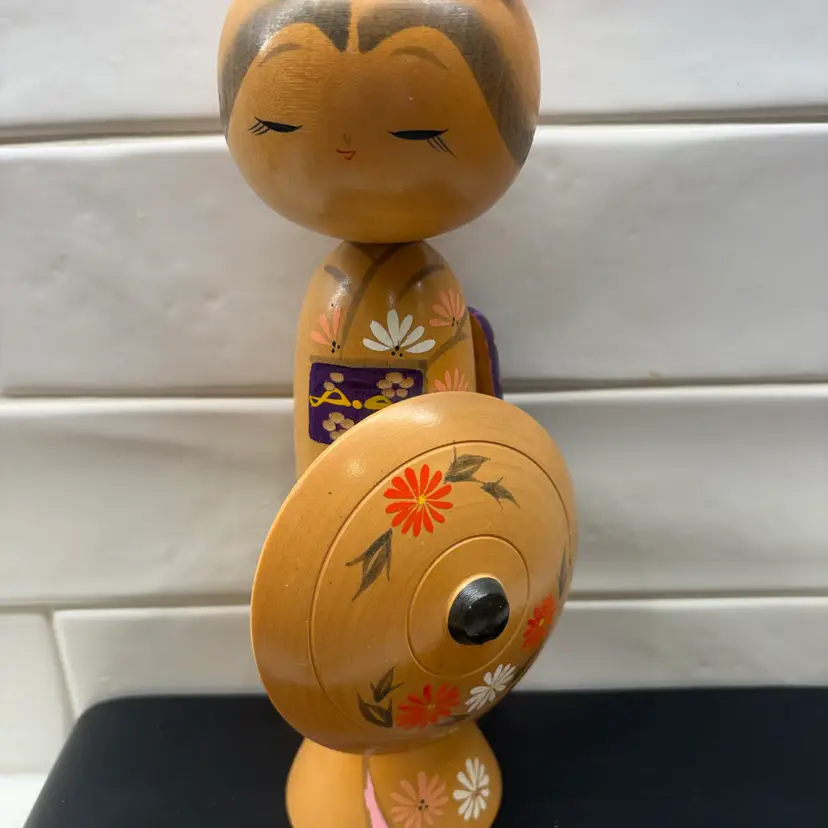 Vintage Japanese Kokeshi Doll with Hat and Umbrella 6.5" Red Kanzashi