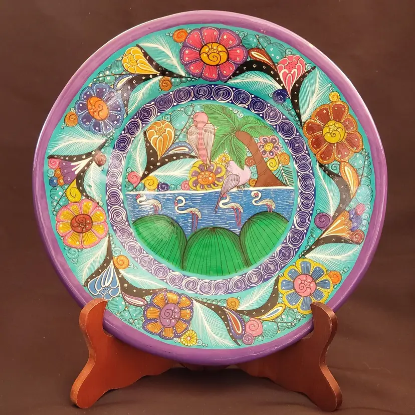 Folk Art Terracota Plate Handpainted Signed - Francisco Concepcion R - Hispanic