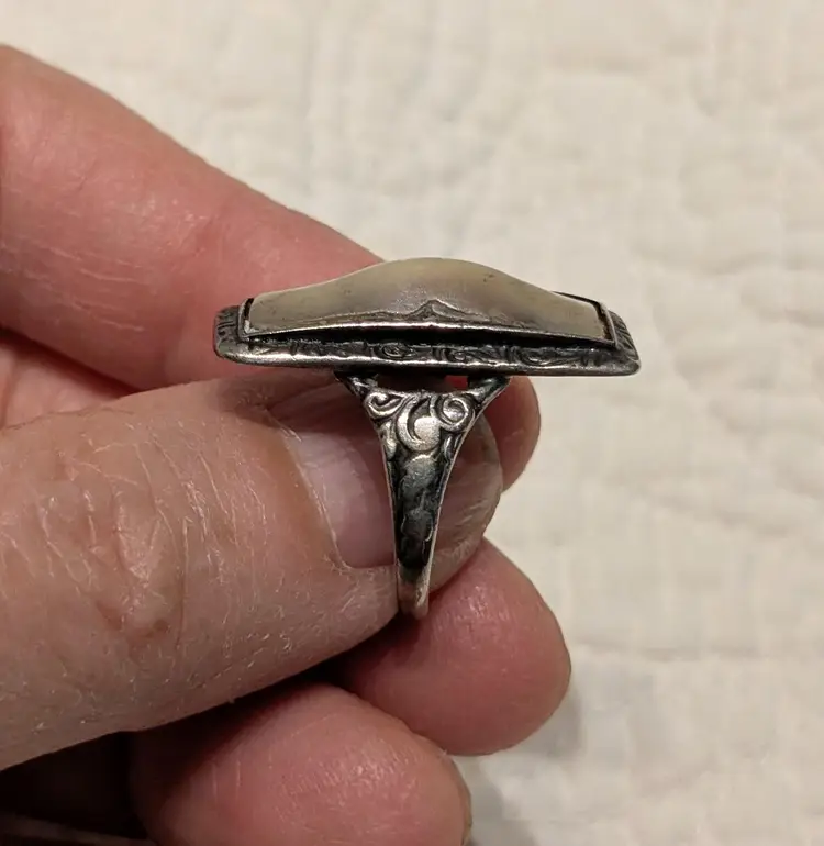 Antique Sterling Silver Russian Blister Pearl Really Ring in Rectangular Setting, Size 5