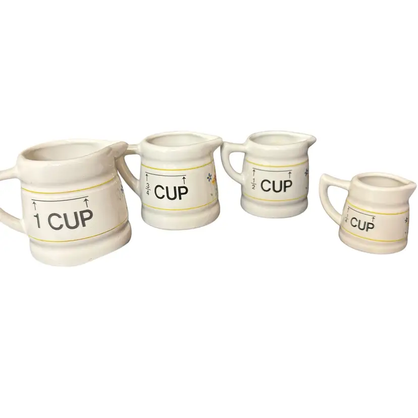 Vintage Taiwan Floral White Set Of 4 Measuring Cups Pitchers Cottagecore Boho