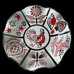 Vintage 1960’s MCM Art Smoke Glass Ruffled Dish Bird, Seashells, Hex, Floral