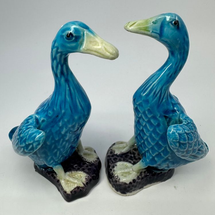 Antique Chinese Majolica Porcelain Turquoise Blue Mud Duck Figurines
