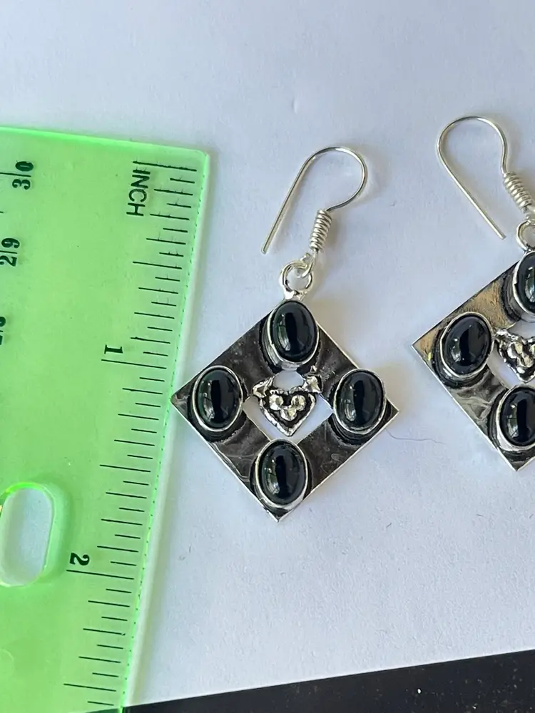 Silver-Tone Black Cabochon and Heart Earrings