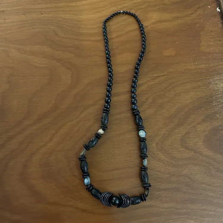 Vintage Boho Chunky Black Wood Beaded Necklace 25" long