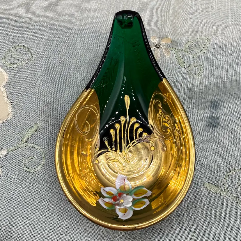 Vintage Murano Tre Fuochi Emerald Green Glass Trinket Dish | 24kt Gold Gilt & Hand-Painted Floral | Venetian Art Glass 4”x2.5”x 1 1/4