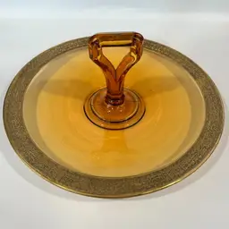 Cambridge- Florentine Amber Depression Glass - Tidbit/ Jewelry Tray – Gold Encrusted Floral Border – Art Deco Center Handle – 10.5″ x 4″