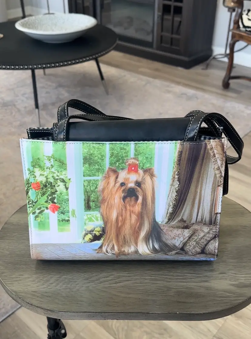 RARE Vintage Y2K Yorkshire Terrior Bedazzled Handbag Plaid Interior & Pouch