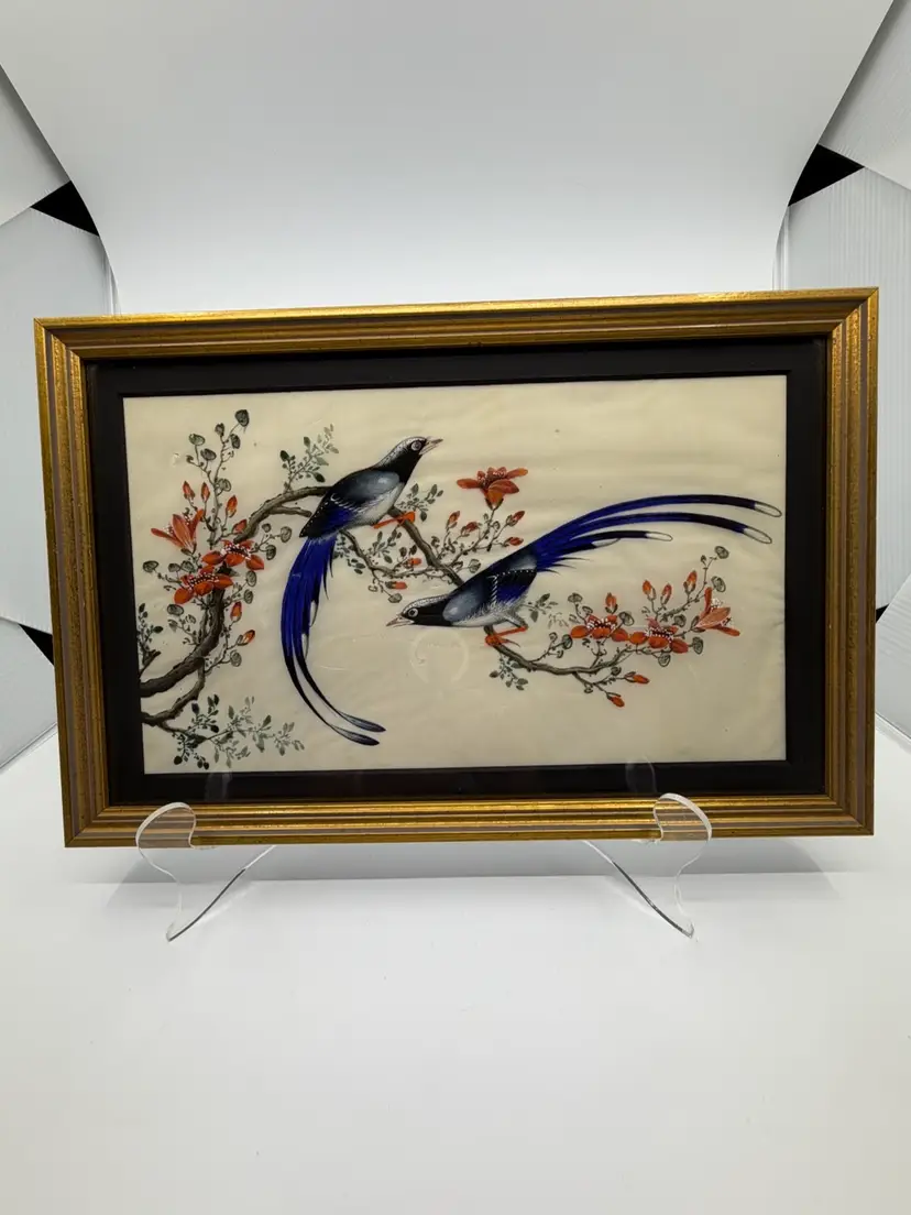Antique Framed Chinese Pith Gouache Painting Blue Orange Parrot Birds & Florals