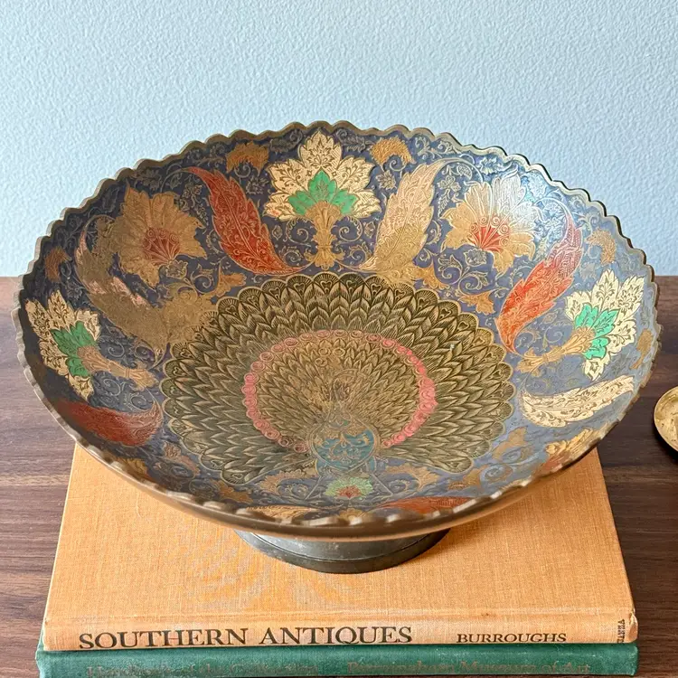 Stunning large vintage Etched Brass Peacock Pedestal Bowl – Made in India