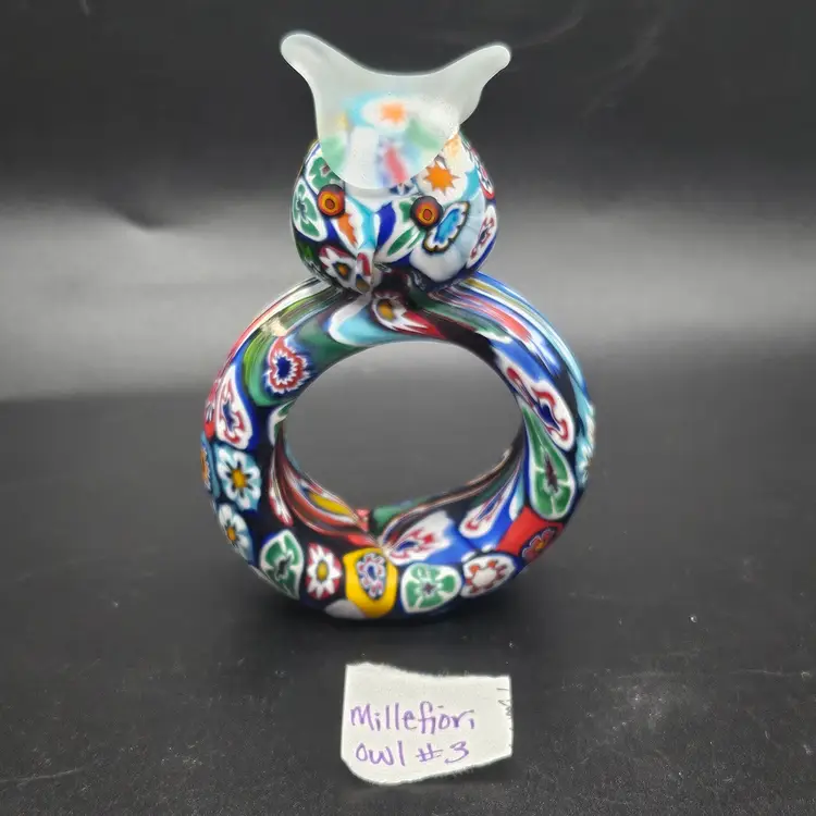 #3 HTF Vintage KB Italy Murano Venetian Art Glass Satin Millefiori Cut Cane Owl Napkin Ring RARE!