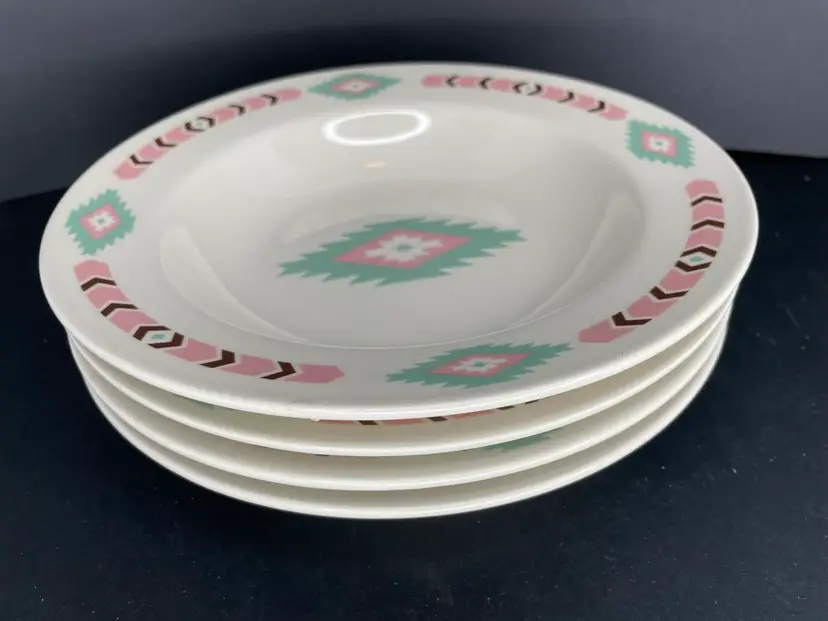 4 Meiwa Table Art Bowls Southwest Aztec Adirondack Rimmed Bowls Pink Turquoise