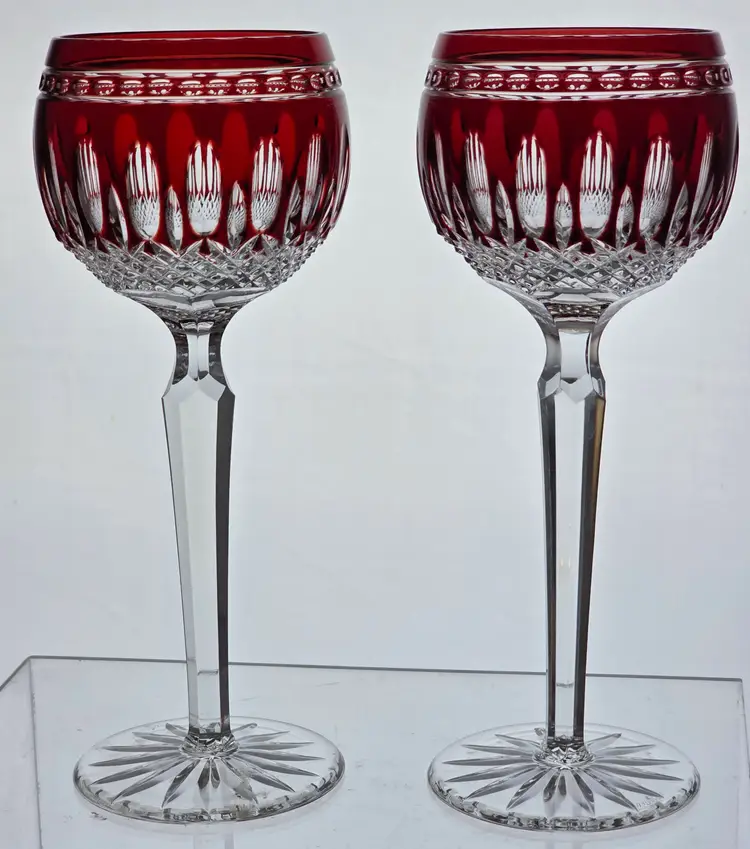 Signed Waterford cut to clear ruby red tall hock glasses pair