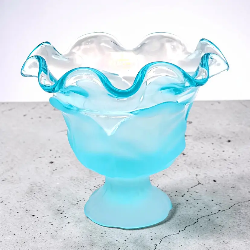 Vintage Viking Spring Blue Satin Crimped Cabbage Leaf Compote Bowl Candy Dish