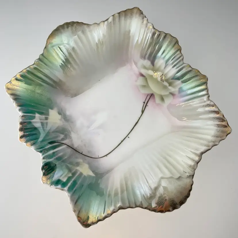 Steinmann Silesia Germany Vanity Ring Trinket Dish Iridescent Floral 1930s Vintage READ 7x6"