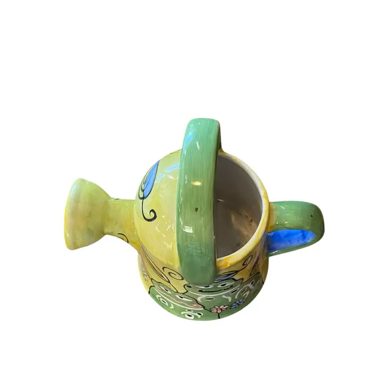 Watering Can Planter Frog Motif Ceramic Green Yellow & Blue Garden Nature Decor