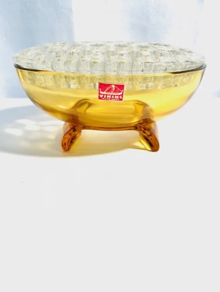 Vintage Viking "Flowerlite" Flower Frog Candle Holder Oval Shaped Golden Amber 3" tall x 4 1/2" wide x 6 1/2" long